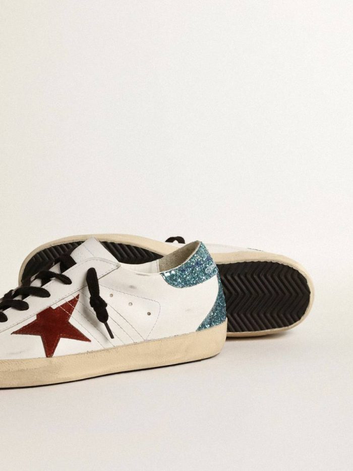 Super-Star Women’s Super-Star With Burgundy Suede Star And Light Blue Glitter Heel Tab Golden Goose Women