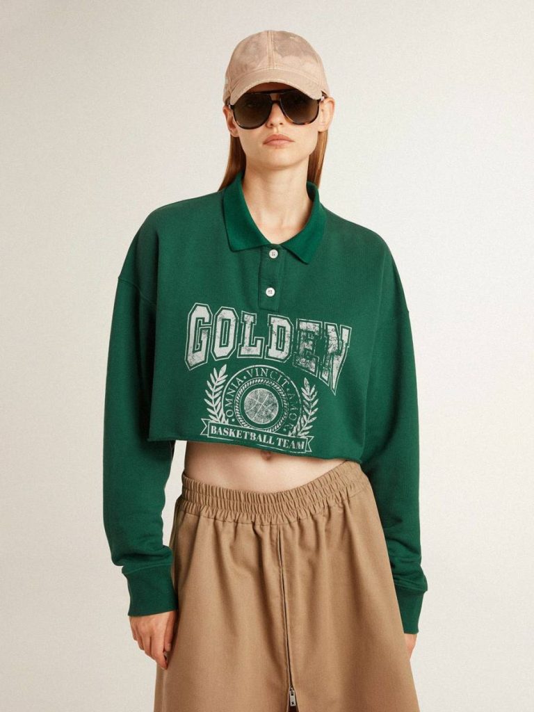 Sweatshirts Women's Green Cropped Polo Sweatshirt With Print Women Green Golden Goose