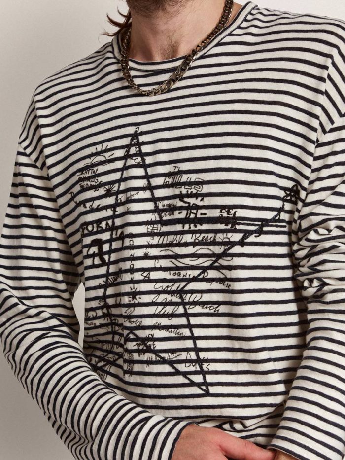T-Shirts & Polo Shirts Men White And Blue Golden Goose Men's T-Shirt With White And Blue Stripes And Embroidery On The Front