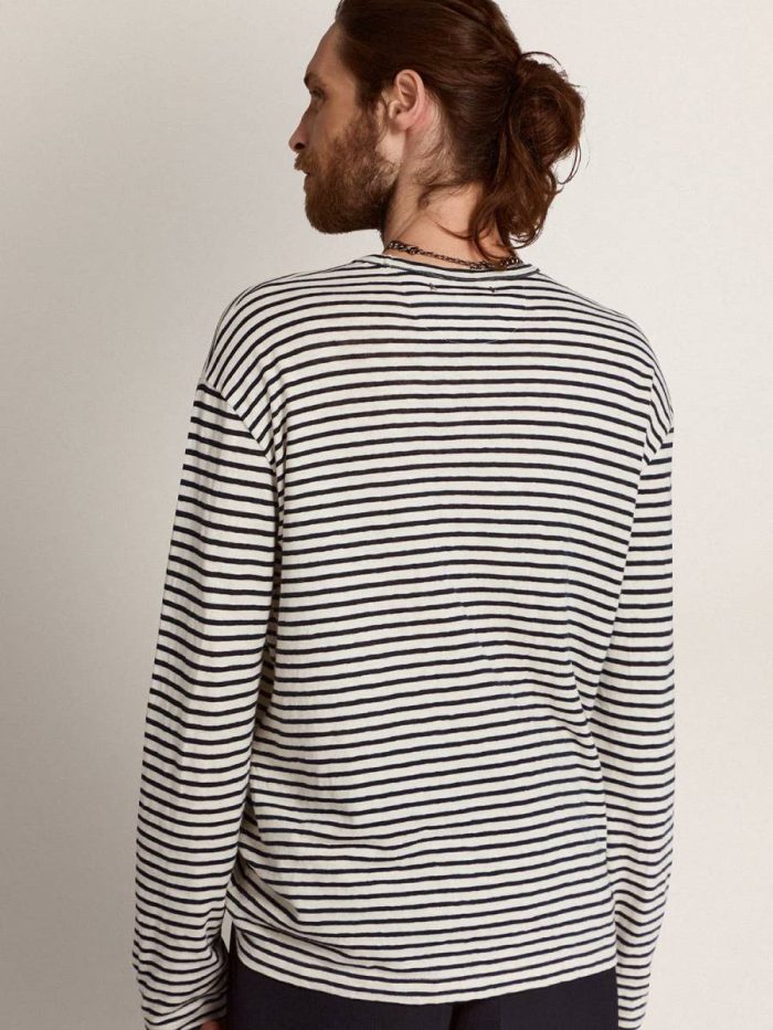 T-Shirts & Polo Shirts Men White And Blue Golden Goose Men's T-Shirt With White And Blue Stripes And Embroidery On The Front