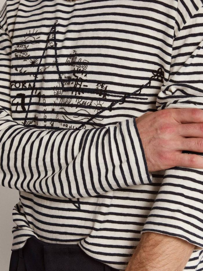 T-Shirts & Polo Shirts Men White And Blue Golden Goose Men's T-Shirt With White And Blue Stripes And Embroidery On The Front