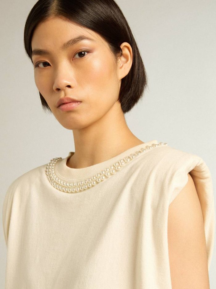T-Shirts & Tops Aged White Sleeveless T-Shirt With Pearl Embroidery Golden Goose Women Aged White