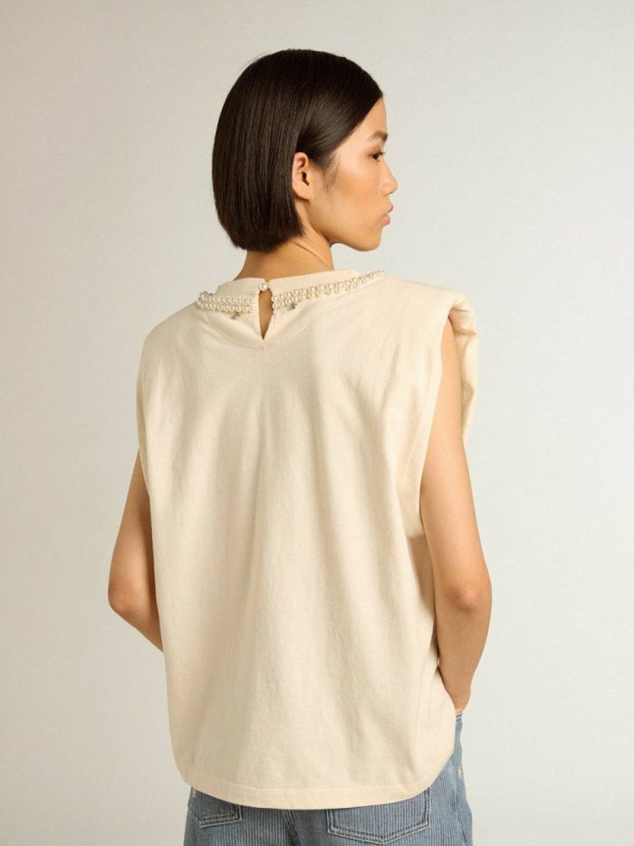 T-Shirts & Tops Aged White Sleeveless T-Shirt With Pearl Embroidery Golden Goose Women Aged White