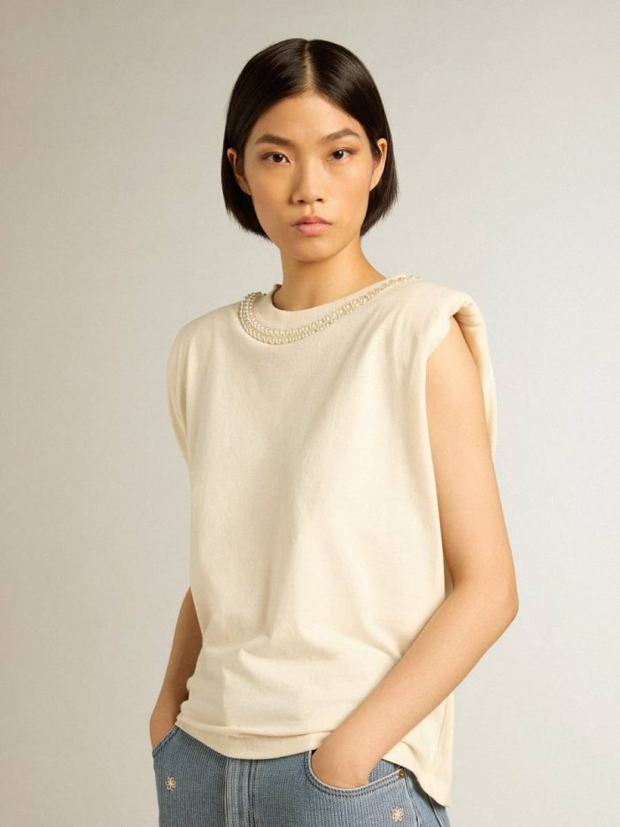 T-Shirts & Tops Aged White Sleeveless T-Shirt With Pearl Embroidery Golden Goose Women Aged White