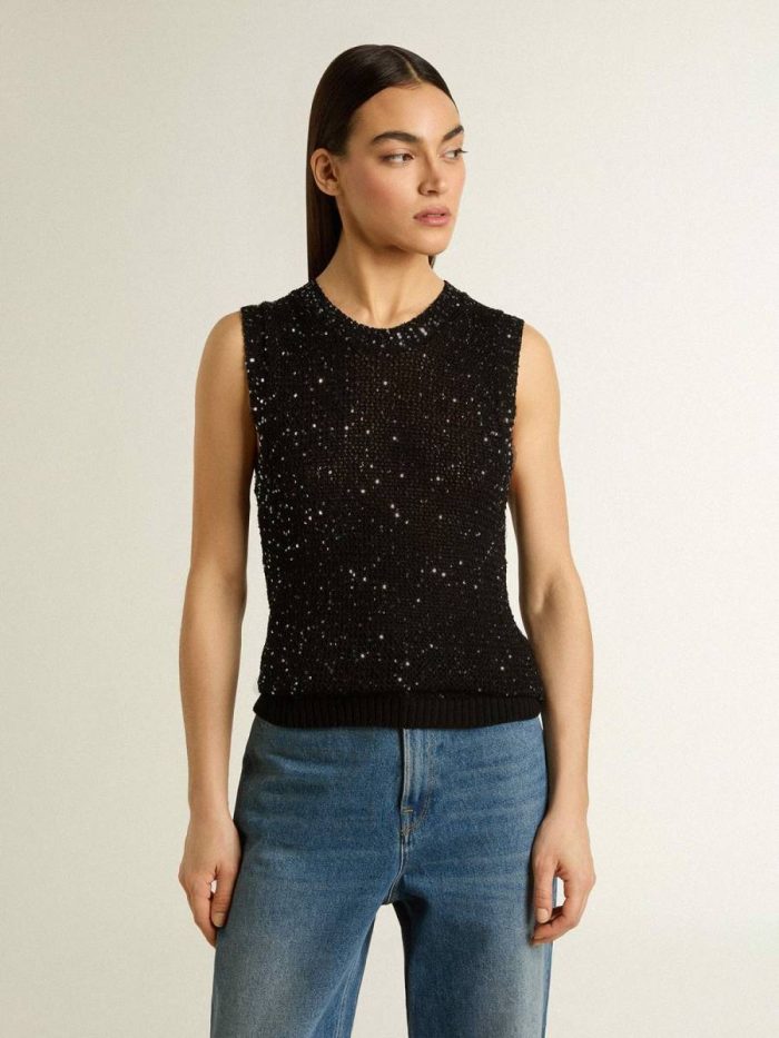 T-Shirts & Tops Black Golden Goose Black Mesh Knit Top With Sequins And Contrasting Details Women