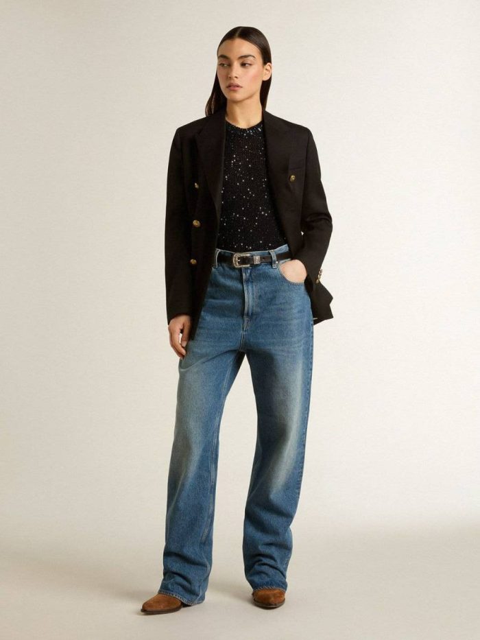 T-Shirts & Tops Black Golden Goose Black Mesh Knit Top With Sequins And Contrasting Details Women