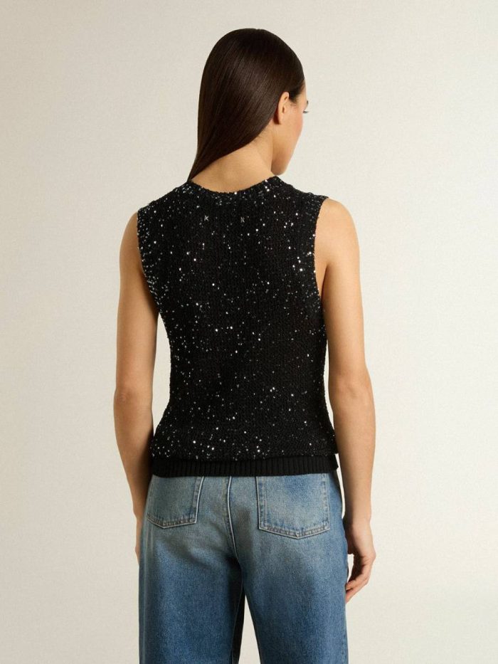 T-Shirts & Tops Black Golden Goose Black Mesh Knit Top With Sequins And Contrasting Details Women