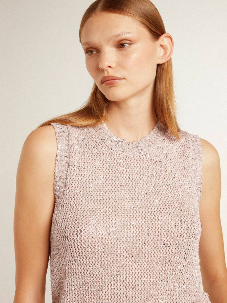 T-Shirts & Tops Golden Goose Mesh Knit Top With Sequins And Contrasting Details Pink Women