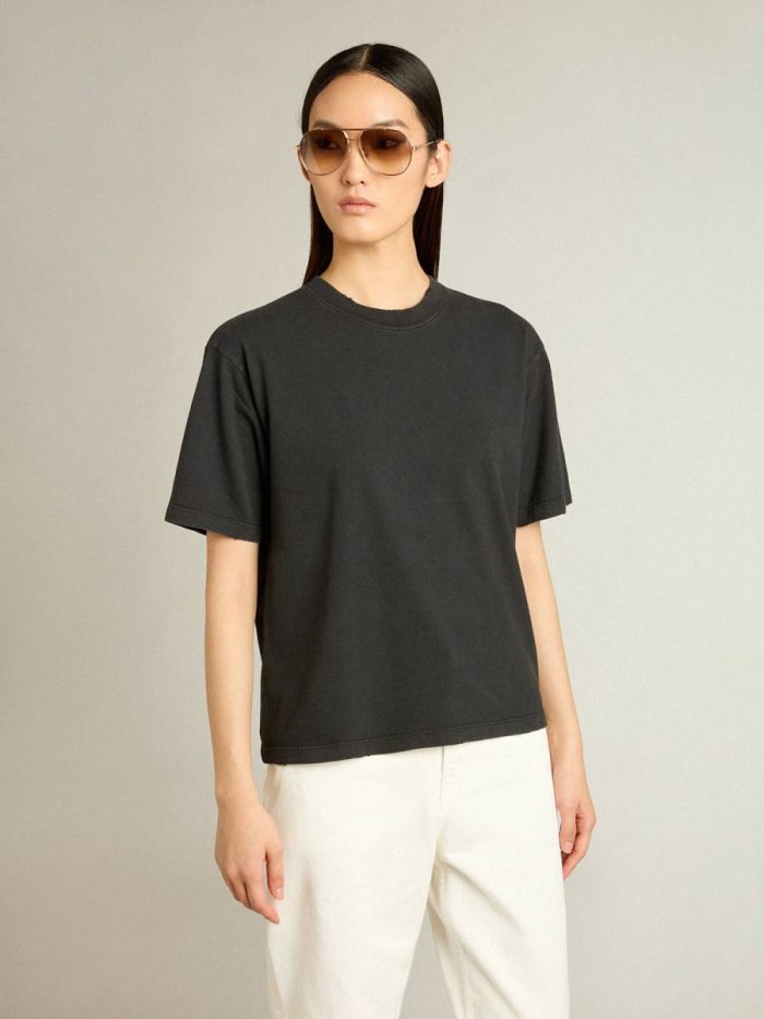 T-Shirts & Tops Golden Goose Women Washed Black T-Shirt In Washed Black With Reverse Logo On The Back - Jersey Capsule