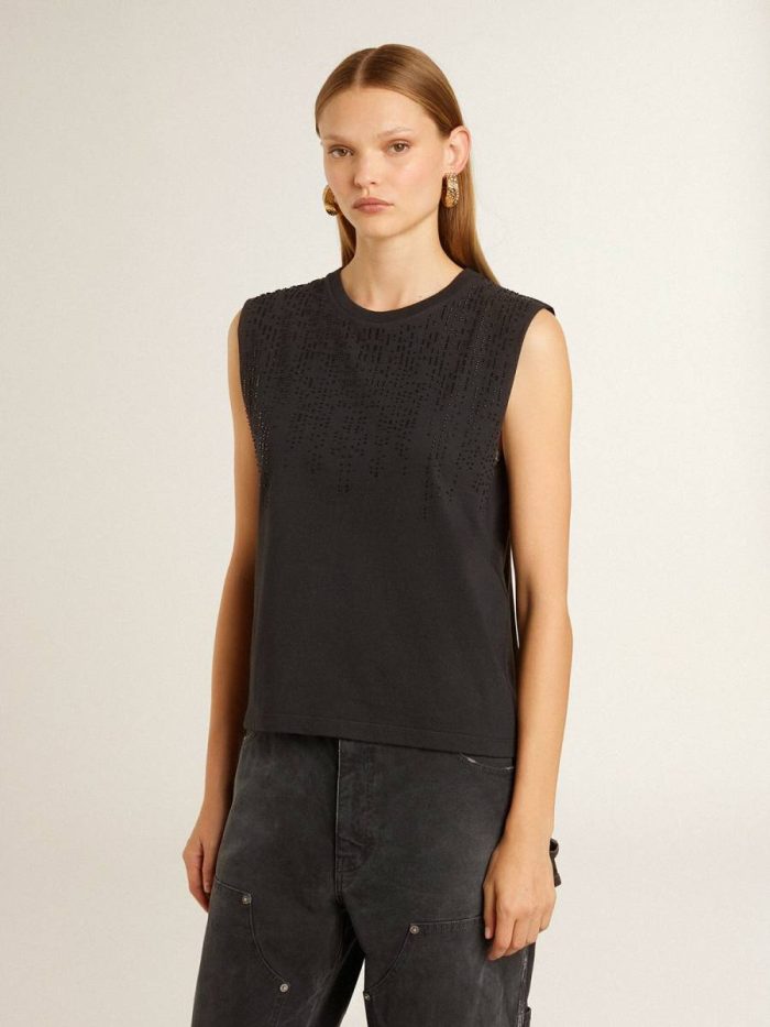 T-Shirts & Tops Sleeveless T-Shirt In Worn-Black With Tone-On-Tone Gradient Embroidery Women Golden Goose Black
