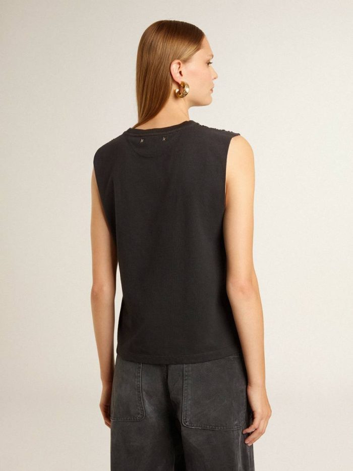 T-Shirts & Tops Sleeveless T-Shirt In Worn-Black With Tone-On-Tone Gradient Embroidery Women Golden Goose Black