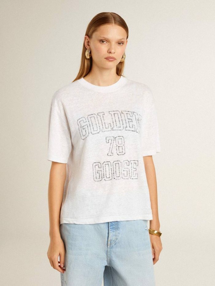 T-Shirts & Tops Women White Women's Lightweight White Linen T-Shirt With Print Golden Goose