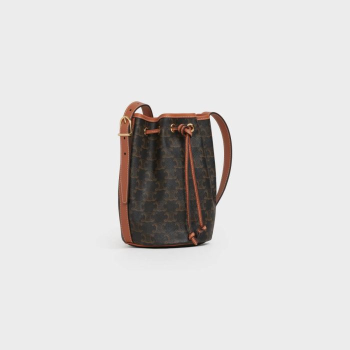 Tan Celine Cross-Body Bags Women Small Drawstring Bag In Triomphe Canvas And Calfskin