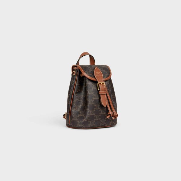 Tan Celine Women Backpacks Mini Backpack Folco In Triomphe Canvas And Calfskin