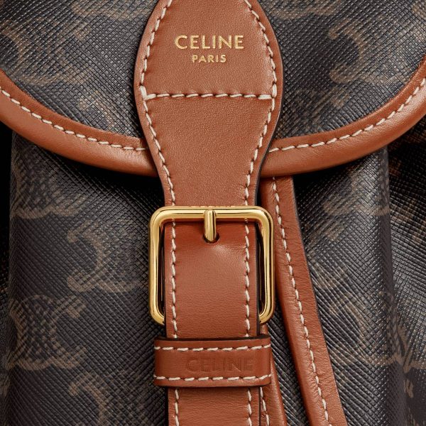 Tan Celine Women Backpacks Mini Backpack Folco In Triomphe Canvas And Calfskin