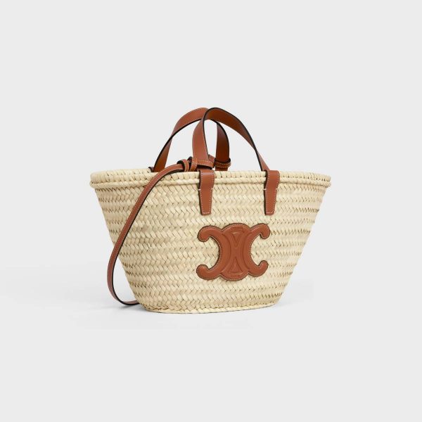 Tan Women Top-Handle Bags Teen Celine Classic Panier In Palm Leaves And Calfskin