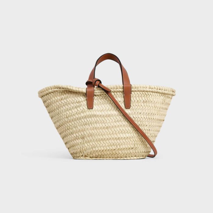 Tan Women Top-Handle Bags Teen Celine Classic Panier In Palm Leaves And Calfskin