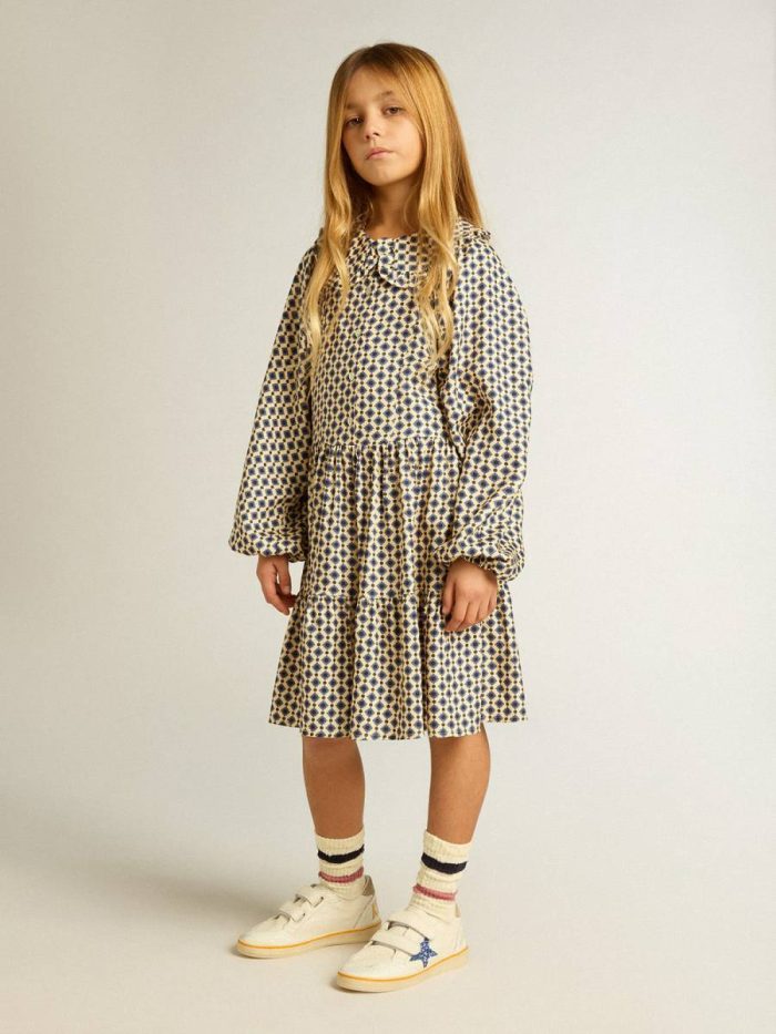 Topwear Selection (4-12 Years) Beige With Blue Diamonds And Black Details Girls' Dress With Geometric Print And Removable Collar Kids Golden Goose