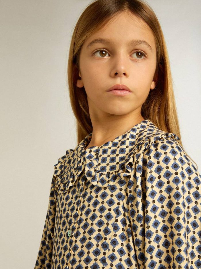 Topwear Selection (4-12 Years) Beige With Blue Diamonds And Black Details Girls' Dress With Geometric Print And Removable Collar Kids Golden Goose