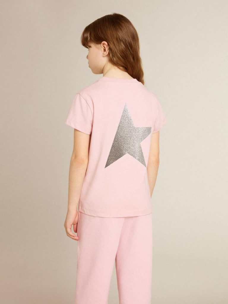 Topwear Selection (4-12 Years) Girls' Pink T-Shirt With Silver Glitter Logo And Maxi Star Pink Golden Goose Kids