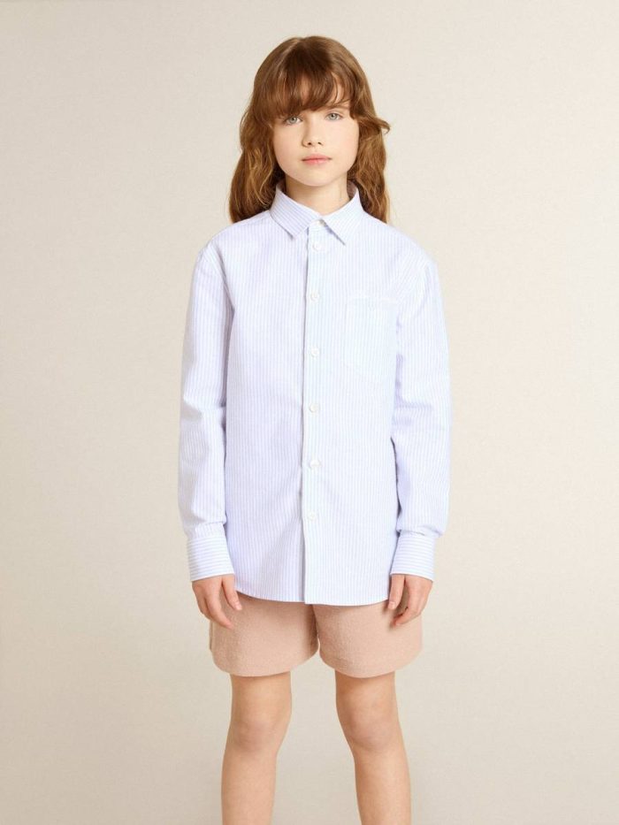 Topwear Selection (4-12 Years) Girls’ Striped Shirt With Embroidered Lettering On The Pocket Golden Goose Kids Light Blue