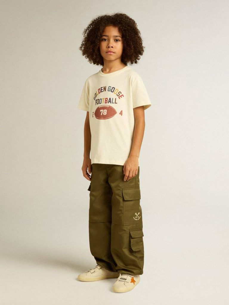 Topwear Selection (4-12 Years) Golden Goose Kids Aged White Boys’ T-Shirt In Worn White With Multicolor Lettering