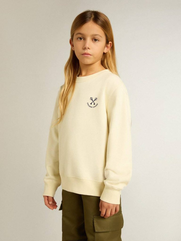 Topwear Selection (4-12 Years) Kids Golden Goose Aged White Girls' T-Shirt In Worn White With Embroidery On The Front And Print On The Back