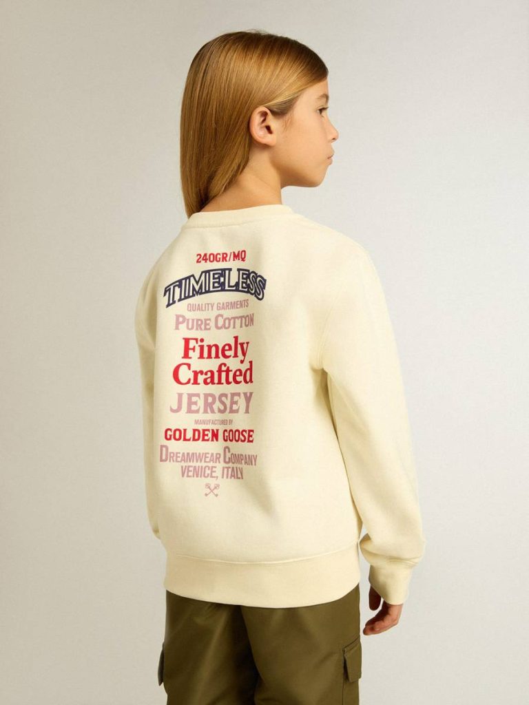 Topwear Selection (4-12 Years) Kids Golden Goose Aged White Girls' T-Shirt In Worn White With Embroidery On The Front And Print On The Back