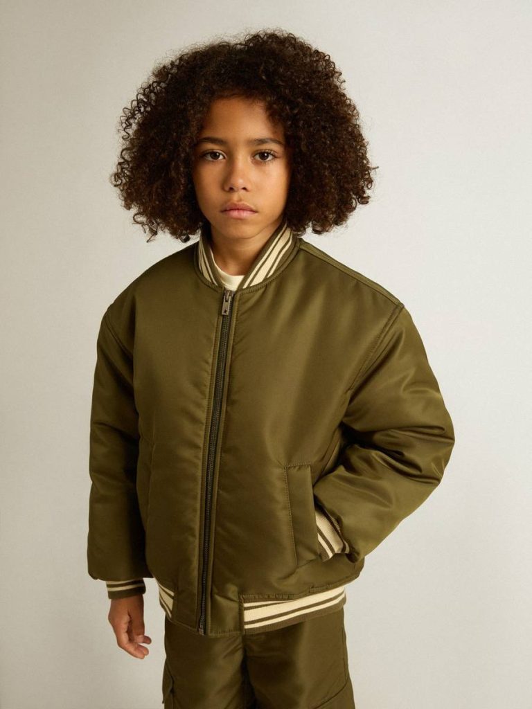 Topwear Selection (4-12 Years) Kids Golden Goose Military Green Kids Military-Green Nylon Bomber Jacket With Lettering On The Back