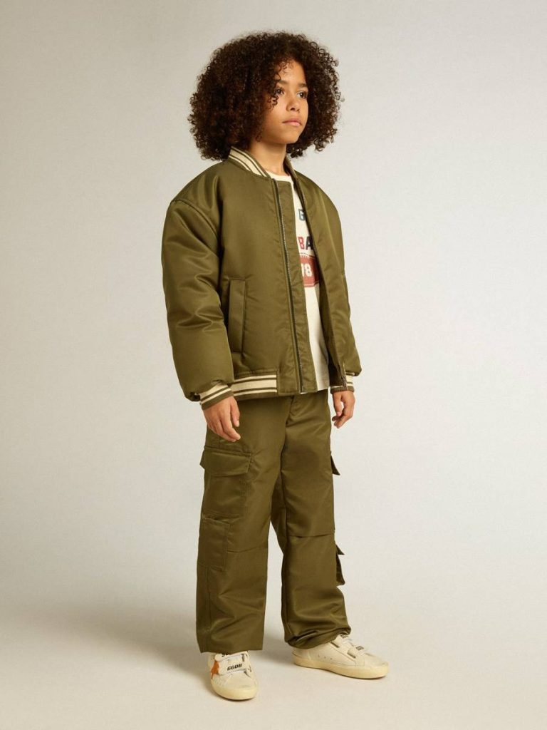 Topwear Selection (4-12 Years) Kids Golden Goose Military Green Kids Military-Green Nylon Bomber Jacket With Lettering On The Back