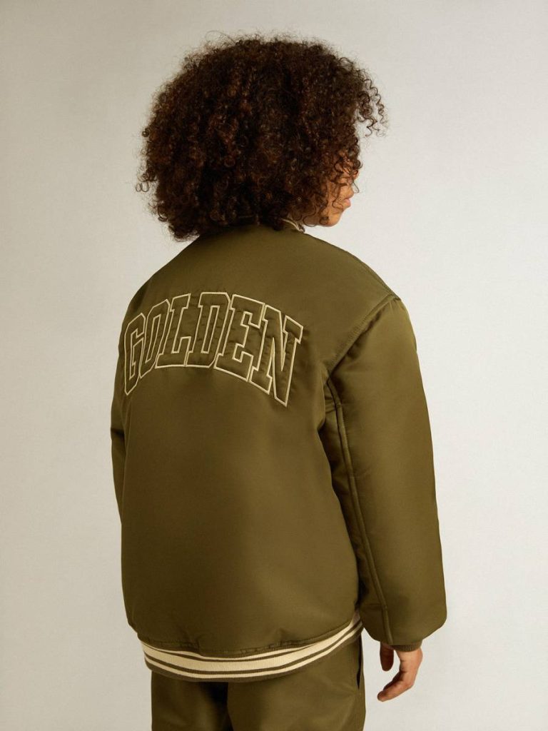 Topwear Selection (4-12 Years) Kids Golden Goose Military Green Kids Military-Green Nylon Bomber Jacket With Lettering On The Back