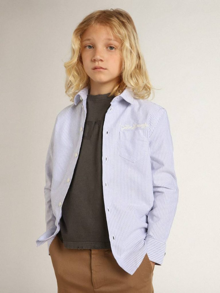 Topwear Selection (4-12 Years) White And Light Blue Boys’ Shirt With Light Blue Stripes Golden Goose Kids