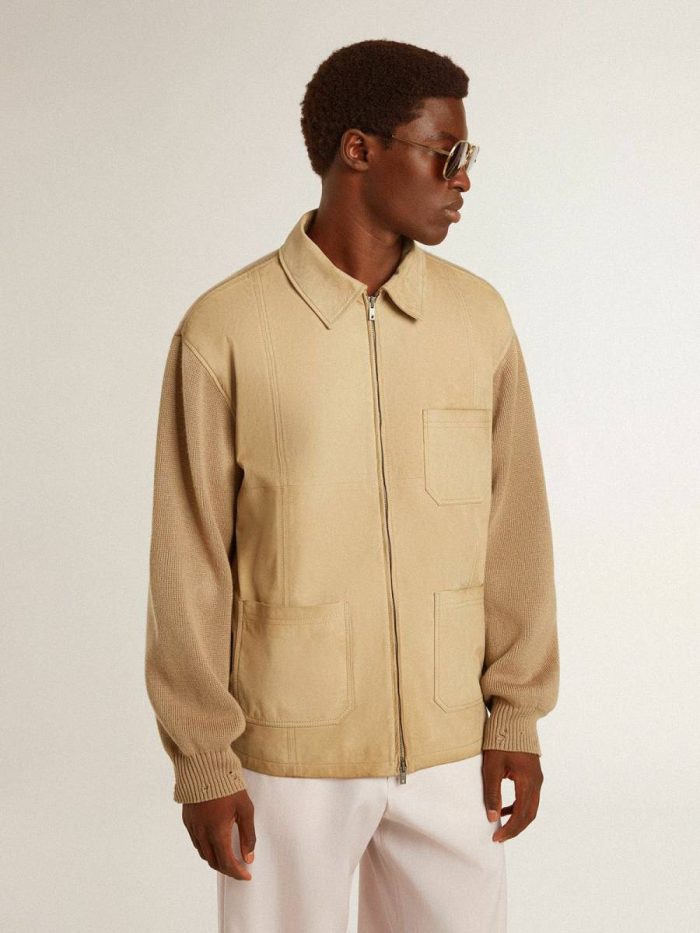 Travertine Men's Jacket In Travertine-Colored Nubuck Leather With Wool-Blend Sleeves And Back Coats & Jackets Men Golden Goose