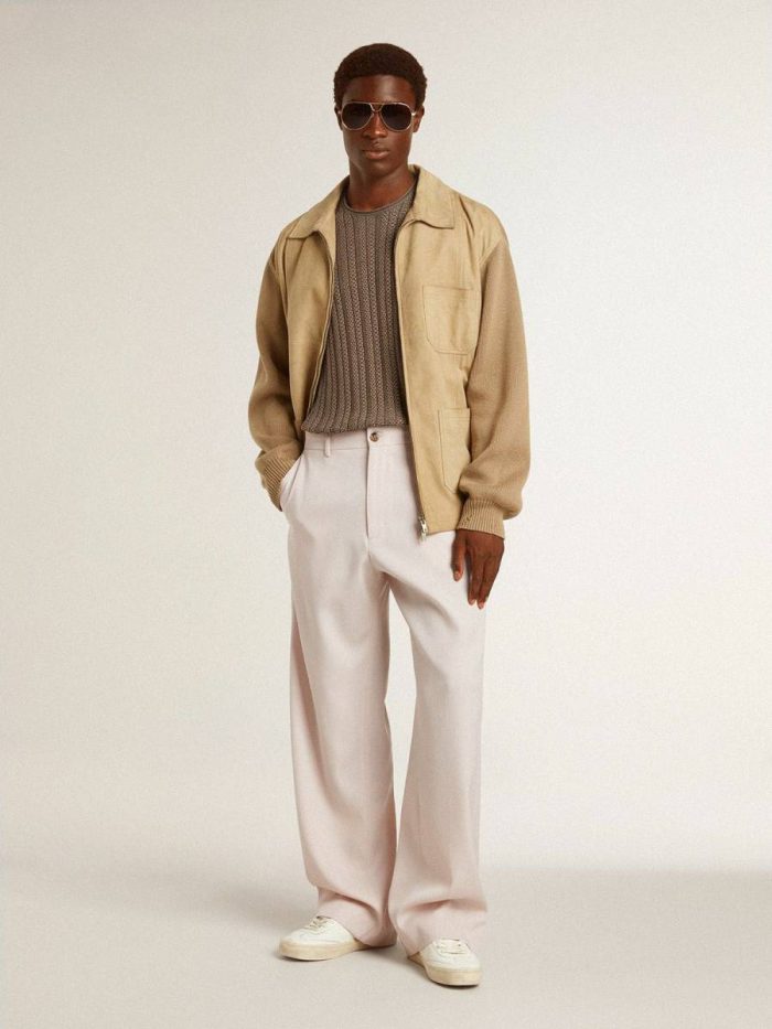 Travertine Men's Jacket In Travertine-Colored Nubuck Leather With Wool-Blend Sleeves And Back Coats & Jackets Men Golden Goose
