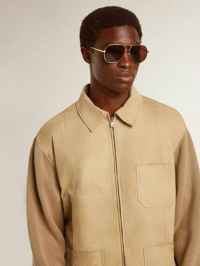 Travertine Men's Jacket In Travertine-Colored Nubuck Leather With Wool-Blend Sleeves And Back Coats & Jackets Men Golden Goose