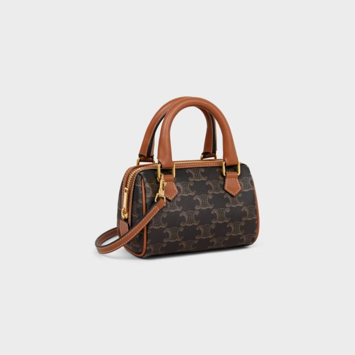 Triomphe Canvas Mini Boston In Triomphe Canvas And Calfskin Tan Celine Women