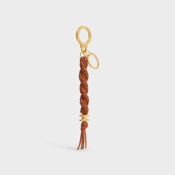 Triomphe Scoubidou Keyring In Smooth Calfskin With Gold Finishing Straps And Accessories Tan Celine Women