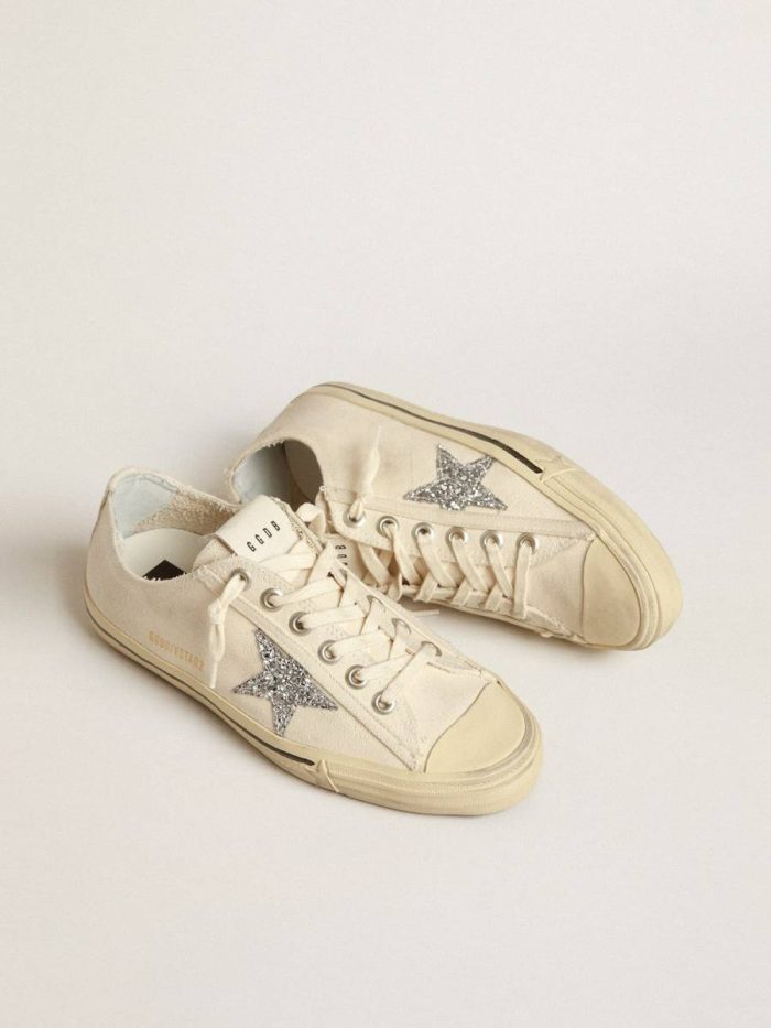 V-Star In Beige Canvas With A Silver Glitter Star Women Golden Goose V-Star