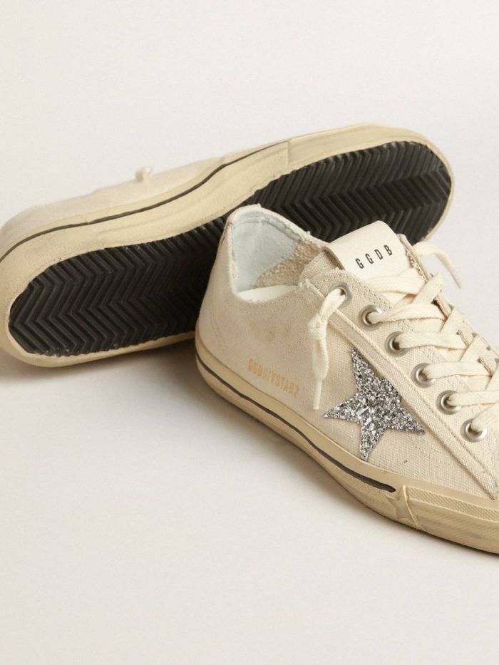 V-Star In Beige Canvas With A Silver Glitter Star Women Golden Goose V-Star
