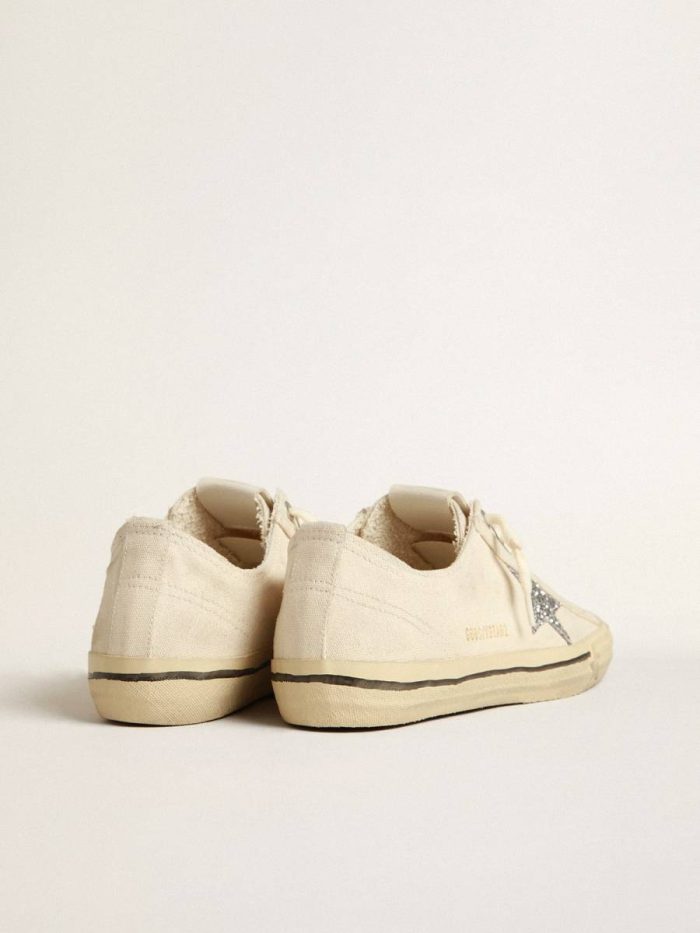 V-Star In Beige Canvas With A Silver Glitter Star Women Golden Goose V-Star