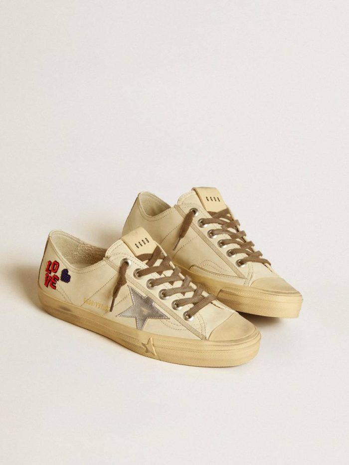 V-Star In Ecru Nappa With Silver Nappa Star And Beaded Embroidery Women V-Star Golden Goose