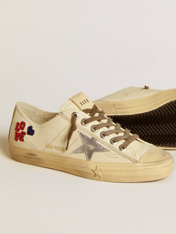 V-Star In Ecru Nappa With Silver Nappa Star And Beaded Embroidery Women V-Star Golden Goose