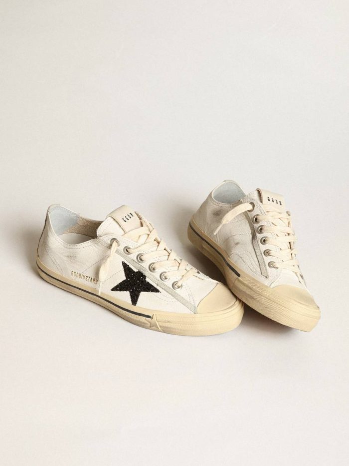 V-Star Women V-Star In White Nappa Leather With A Black Glitter Star Golden Goose