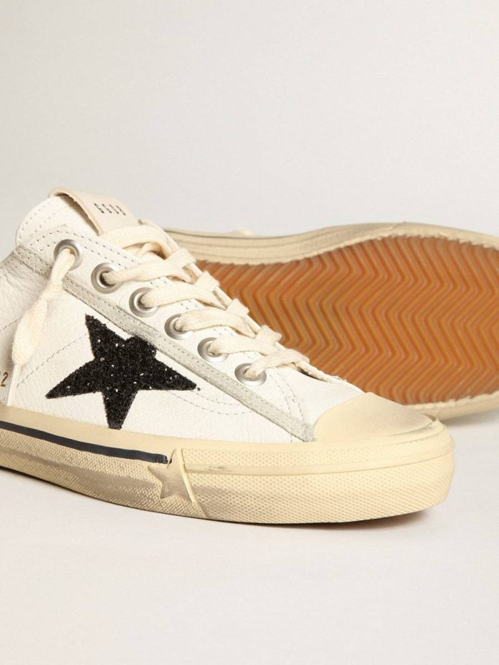 V-Star Women V-Star In White Nappa Leather With A Black Glitter Star Golden Goose