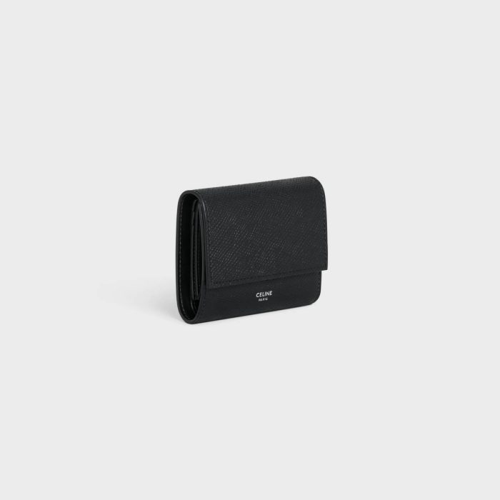 Wallets Celine Small Trifold Wallet In Grained Calfskin Men Black
