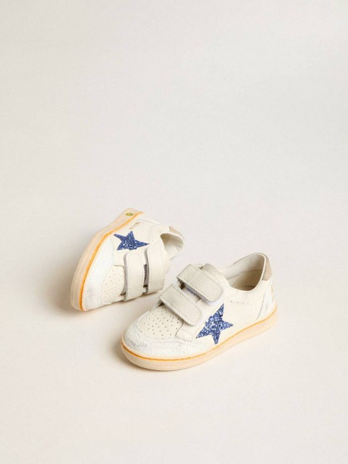 White Kids Golden Goose Young Ball Star With Blue Glitter Star And Beige Suede Heel Tab Girls (4-10 Years)