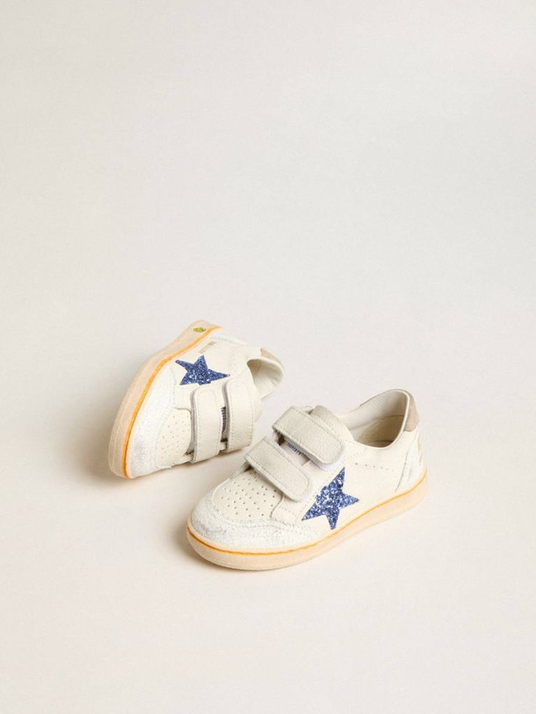 White Kids Golden Goose Young Ball Star With Blue Glitter Star And Beige Suede Heel Tab Girls (4-10 Years)