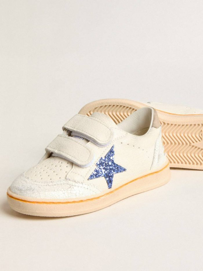 White Kids Golden Goose Young Ball Star With Blue Glitter Star And Beige Suede Heel Tab Girls (4-10 Years)