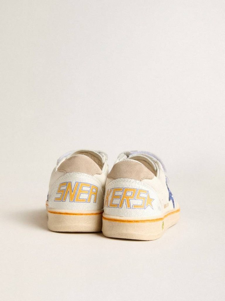 White Kids Golden Goose Young Ball Star With Blue Glitter Star And Beige Suede Heel Tab Girls (4-10 Years)