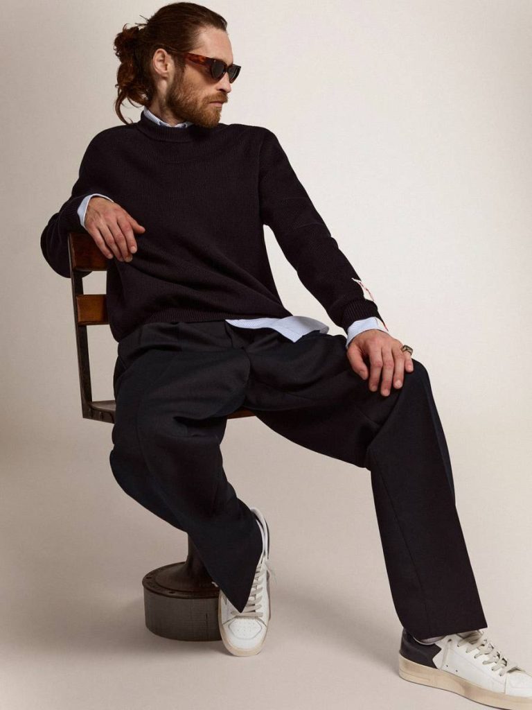 White Men Golden Goose Stardan Men's Stardan With Star In Ice-Gray Suede And Blu-Navy Heel Tab